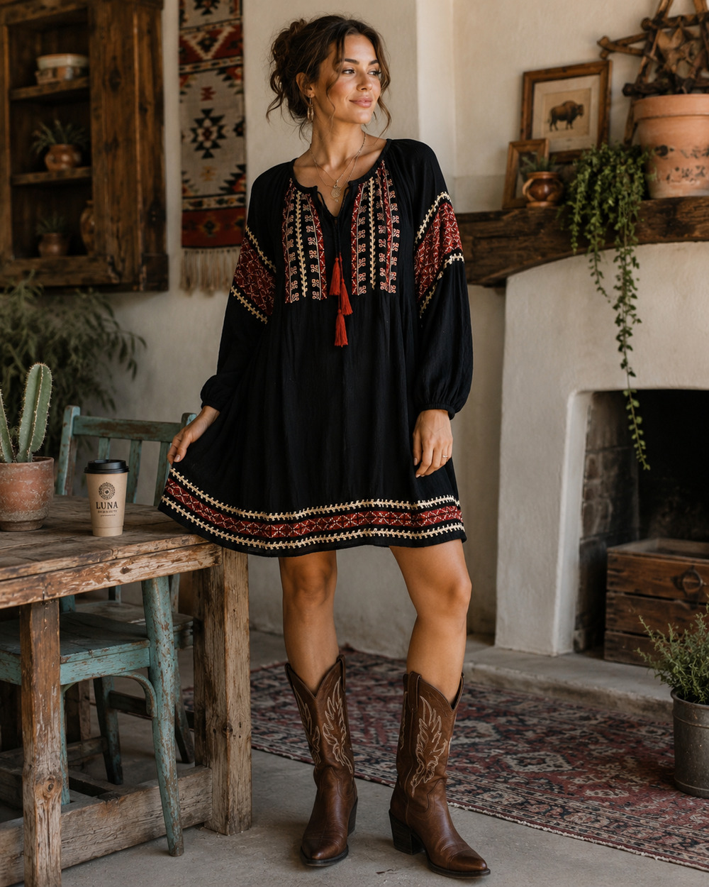 Denim & Supply Ralph Lauren Sz L Embroidered Peasant Mini Dress Western Black